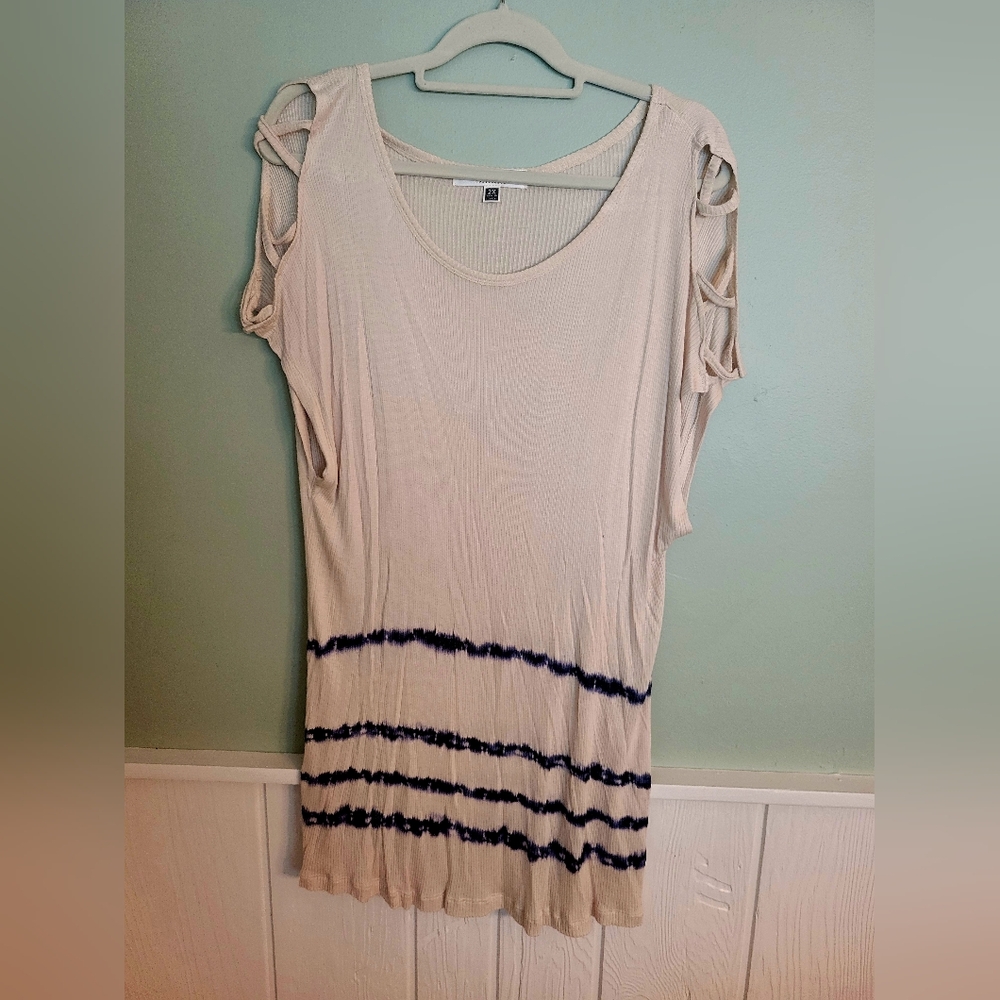 Women's Cream and Blue Tie-Dye Cold Shoulder Top
